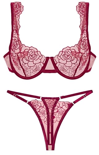 AIEOE Spitzen BH Set mit verstellbaren Trägern und Bügeln für perfekte Passform Transparent Netz Roter BH mit transparentem Tanga und Blumenmuster von AIEOE