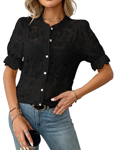 AIEOE Spitzen Oberteile Kurzarm Top Rundhals Kurzarm Sommer Basic Shirts Frauen mit Knöpfen Elegant Größe L Schwarz von AIEOE