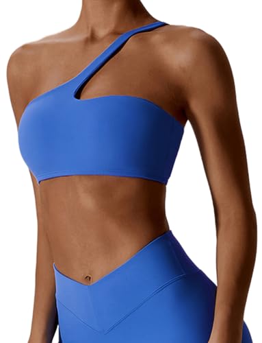 AIEOE Sport BH Yoga One Shoulder Damen Push Up Fitness Yoga BH Atmungsaktiv Bustier Bra Gepolstert Herausnehmbare Y2K Größe XL Blau B von AIEOE