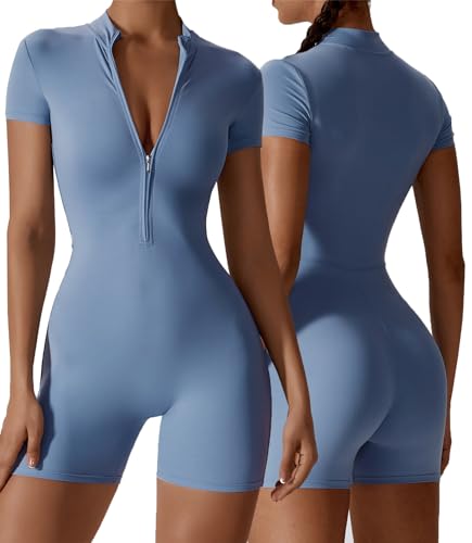 AIEOE Sport Jumpsuit Damen Kurz Eng Yoga Langarm One Piece mit Kragen Reißverschluss Bodysuit Playsuit Y2K Größe S Blau B von AIEOE