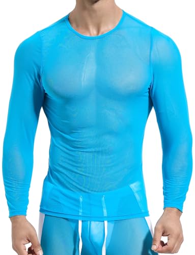 AIEOE Sport Unterhemd Transparentes Mesh Shirt Netz Oberteil Männer Muskelshirt Langarm Blau Größe M von AIEOE