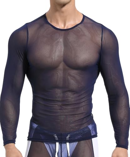 AIEOE Sport Unterhemd Transparentes Mesh Shirt Netz Oberteil Männer Muskelshirt Langarm Dunkelblau Größe XL von AIEOE