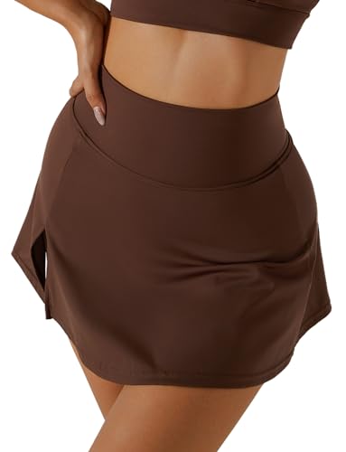AIEOE Sportskort Damen Yogarock mit Hose Tennisrock Hosenrock Golfrock Sport-Hosen 2 in 1 Rock/Skort Radlerhose mit Rock Dehnbar Laufenrock L Kakao von AIEOE