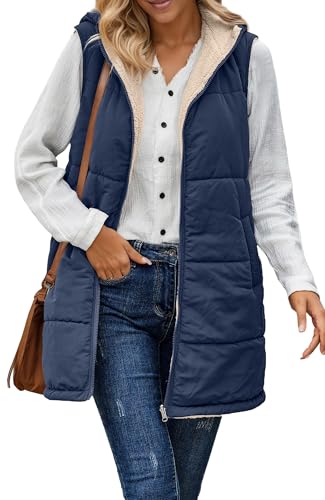 AIEOE Steppweste Damen Lang mit Kapuze Weste Damen Langarm Winter Damenwesten Ärmellos Leicht Elegant XL Blau von AIEOE