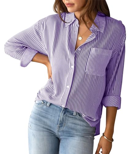 AIEOE Stilvolle Tunika Shirt Damen Gestreifte Oberteile Langarm Hemden Elegante Bluse Button Down Hemden Büro Arbeit Blusen mit V-Ausschnitt XL Lila von AIEOE