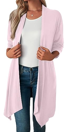 AIEOE Strickjacke für Damen Langarm Offene Strickjacke Lang Casual Cardigan Female Sommer Leicht Cardigan Elegant Sommerjacken Rosa Einfarbige Strickjacke M von AIEOE