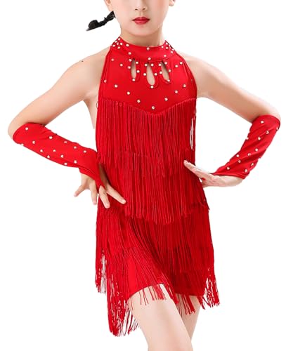 AIEOE Tanzkleid Mädchen Latein Kinder Mädchen Glitzer Tanzkleid Ärmellose Latein Tanzkleidung Neckholder Fransen Einteilige Shorts Tango Samba Tanzoutfit mit Handschuhen Rot 7-8 Jahre von AIEOE