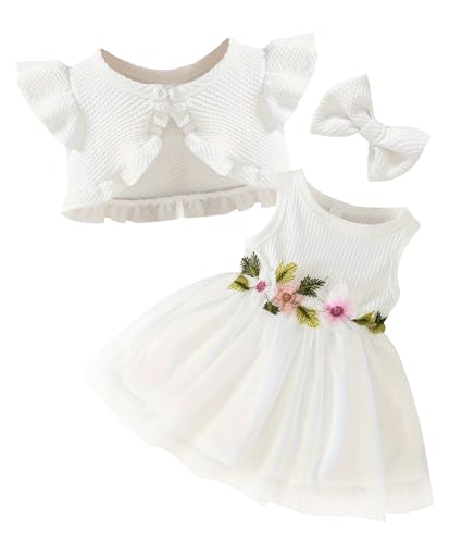 AIEOE Taufkleid Baby Mädchen Ärmellos mit Jacke Tutu + Blumen Gürtel Taufkleid Baby Mädchen für Taufe Fotos Weiß 12-18 Monate von AIEOE