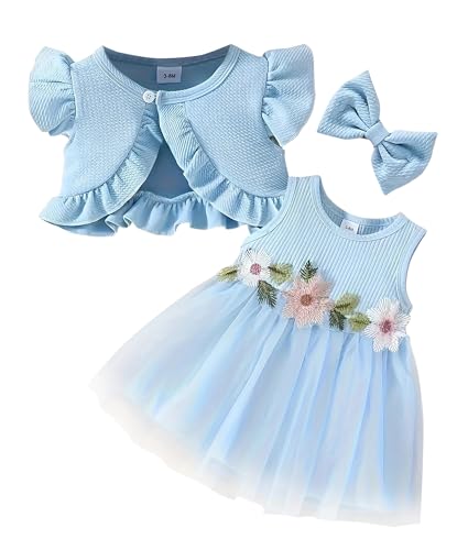 AIEOE Taufkleid Baby Mädchen Set Waffeljacke + Netz Tutu mit Blumen + Haarschmuck Baby Kleid für Taufe Hochzeit Sommer Blau 3-6 Monate von AIEOE