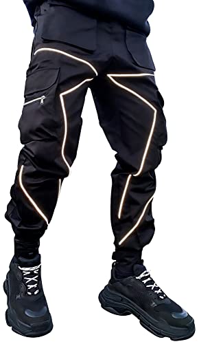 AIEOE Techwear Hose Herren Hip Hop Jogger Cargohose mit reflektierenden Streifen Streetwear Punk Pants Jogginghose mit Taschen Gummibund - XL von AIEOE