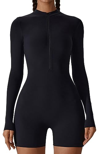 AIEOE Unitards für Damen Yoga Jumpsuits Langarm Shorts Sport Romper Einteilig Eng Bodycon Jumpsuit Schwarz Workout Gerippter Bodysuit Half Zip Dehnbar Playsuit S von AIEOE