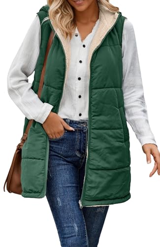 AIEOE Weste Damen Langarm mit Kapuze Steppweste Damen Lang Ärmellose Jacke Damen Leicht Damenwesten Ärmellos Winter L Grün A von AIEOE