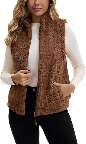 AIEOE Weste Damen Teddyfleece Herbst Winter mit Reißverschluss Ärmellos Jacke Leicht Casual Einfarbig Outdoor Größe S Braun von AIEOE