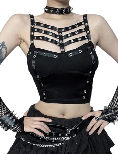 AIEOE Y2k Tank Top Damen Gothic Oberteile Crop Top Cami V Ausschnitt Oberteil Club Party Streetwear Kleidung Sommer Top Slim Fit Shirt L Schwarz von AIEOE