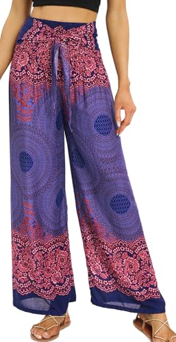 AIEOE Yoga Zumba Damen Boho Strandhose Lang mit Blumen Palazzo Flatterhose Damen Casual Elegant Sommer Leicht und Luftig B02 von AIEOE