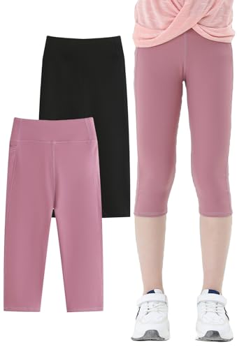 AIEOE--Yogahose Kinder Mädchen 3/4 Leggings Sporthosen Laufhose Trainninghose Fitness Gymnastik Hosen High Waist Hose Elastisch Pants 2er-Pack 120cm-160cm von AIEOE
