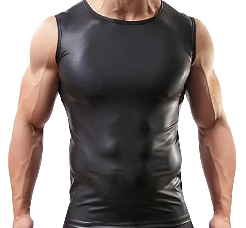 Herren Kunstleder Unterhemd Leder Weste sexy Ärmellos T-Shirt Wetlook Herren Männer Muskelshirt Top V-Ausschnitt Unterhemden S von AIEOE