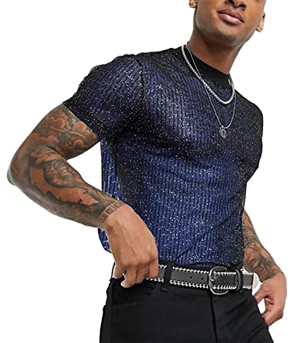 Herren Netzshirt Muskelbetonendes glitzerndes transparentes T-Shirt Sexy Netz-Design Kurzarmhemd für Sommer und Club Wear - XXL von AIEOE