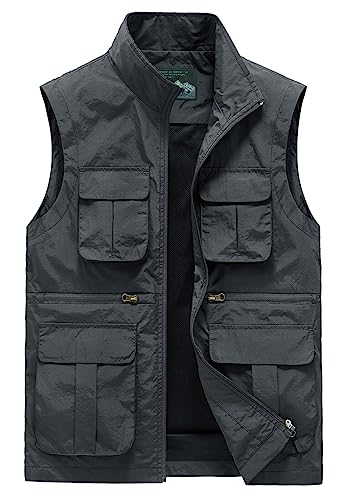 AIEOE Herren Outdoor Weste mit Vielen Taschen Anglerweste Sommer Multifunktionsweste Atmungsaktiv Nylon Ärmellos Grau XXL von AIEOE