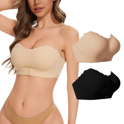 Nahtloser Trägerloser BH Push Up Bandeau Top Damen Bandeau BH ohne Träger Rutschfester mit Transparenten Trägern Strapless Bra ohne Bügel - XL von AIEOE