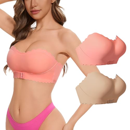 Trägerloser BH Nahtloser Bandeau Top Damen BH ohne Bügel Ungepolsterter Bralette Ungepolsterter Tube Top mit Transparenten Trägern Rückenfreier - M von AIEOE