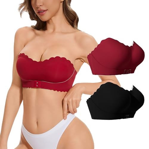 Trägerloser BH Push Up Bandeau Top Damen Bandeau BH ohne Träger Rutschfester mit Transparenten Trägern Strapless Bra ohne Bügel - XL von AIEOE