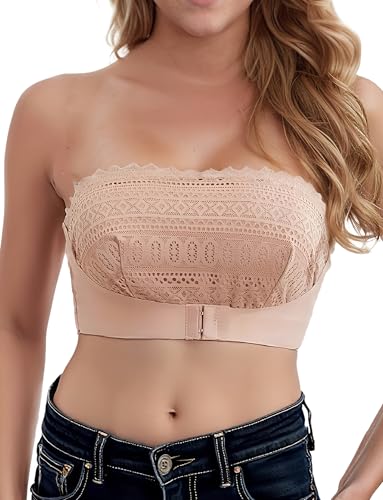 Trägerloser BH Spitze Bandeau Top Damen Bra ohne Bügel Gepolsterter Bralette Tube Top mit Transparenten Trägern Rückenfreier - M von AIEOE