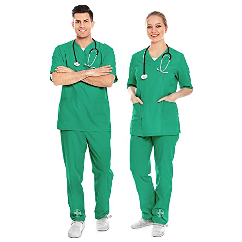 AIESI® Medizinische Uniform Herren Damen aus 100% sanforisierter Baumwolle Hose und Top mit V-Ausschnitt, Größe XL GRÜN von AIESI