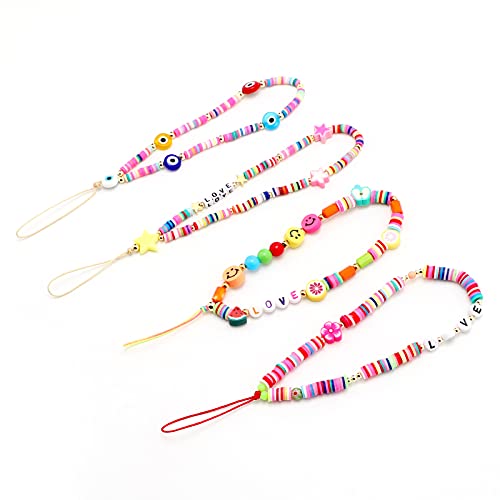 AIEX 4pcs Phone Charm Strap Bunte Telefon Lanyard Handschlaufe Regenbogen Lächelndes Gesicht Blume Frucht Stern Buchstaben Handgemachte Acrylperlen Schlüsselanhänger Zubehör für Frauen Mädchen von AIEX