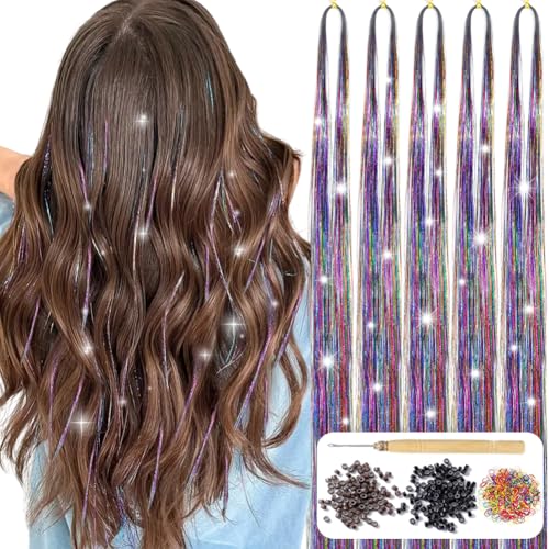 AIFIHIYI Haar-Lametta-Set mit Werkzeugen, 122 cm, 1200 Strähnen, buntes Lametta-Haarverlängerungs-Set, hitzebeständig, funkelnd, glitzernd, zugfest, Haarschmuck für Mädchen, Frauen, Kinder AIFIHIYI Haar-Lametta-Set mit Werkzeugen, 122 cm, 1200 Strähnen, buntes Lametta-Haarverlängerungs-Set, hitzebeständig, funkelnd, glitzernd, zugfest, Haarschmuck für Mädchen, Frauen, Kinder von AIFIHIYI