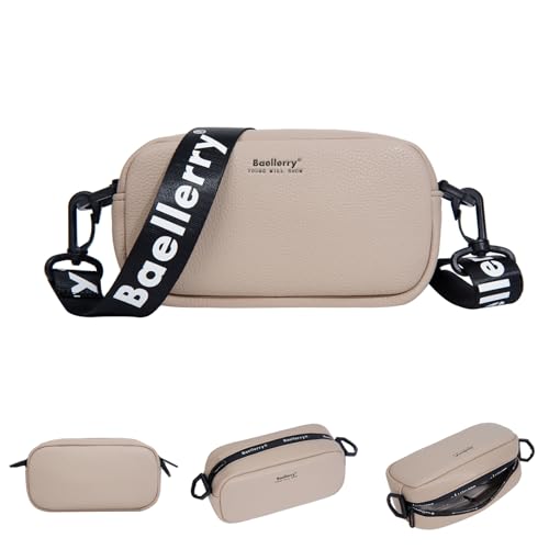 AIFILLE Crossbody Bag Damen Breiter Gurt Beige, Kleine Umhängetasche Damen Leder Handtasche Damen Handy Tasche Umhänge Breitem Schultergurt Kleine Taschen Damen mit Fächern von AIFILLE