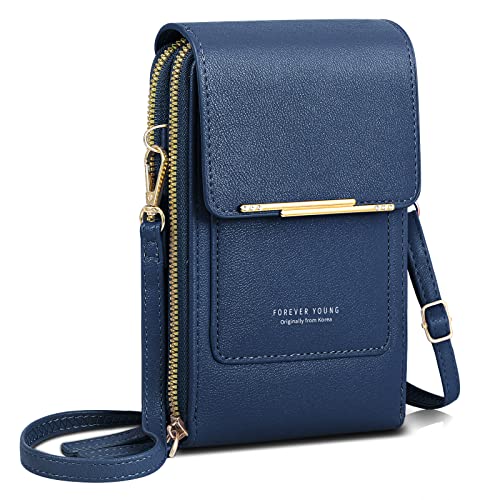 AIFILLE Kleine Tasche Damen Geldbeutel Umhängetasche, Mini Crossbody Bag Handytasche zum Umhängen Leder Geldbörse mit Transparente Touchscreen Handy Portemonnaie für Handy unter 6,8 Zoll, Navy Blau von AIFILLE