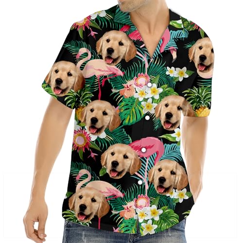 AIFLM Personalisiert Hawaii Hemd Männer mit Gesicht und Name Funky Hawaiihemd Herren Kurzarm Vordertasche Urlaub Sommer Flamingos Blume Bedruckter Strand Beilaufig Hawaii Hemdt von AIFLM