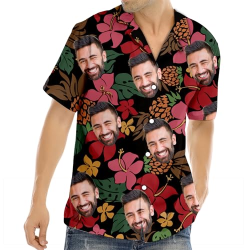 AIFLM Personalisiert Hawaii Hemd Männer mit Gesicht und Name Funky Hawaiihemd Herren Kurzarm Vordertasche Urlaub Sommer Flamingos Blume Bedruckter Strand Beilaufig Hawaii Hemdt von AIFLM