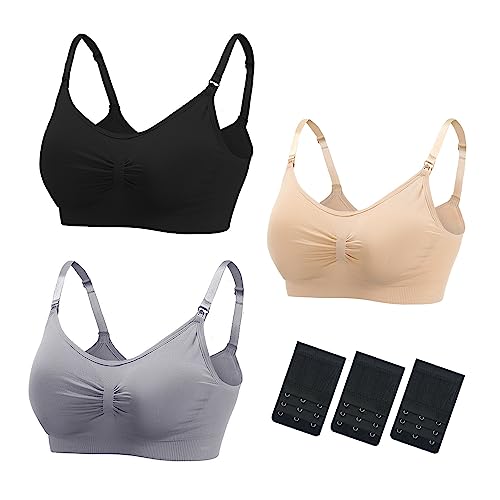 AIFUSI Still-BHs Schwangerschafts-BH für Stillen Schwangerschaft Wireless Bralette mit Pads, Extenders & Clips 3 Stück, Schwarz, Beige, Grau, Large von AIFUSI