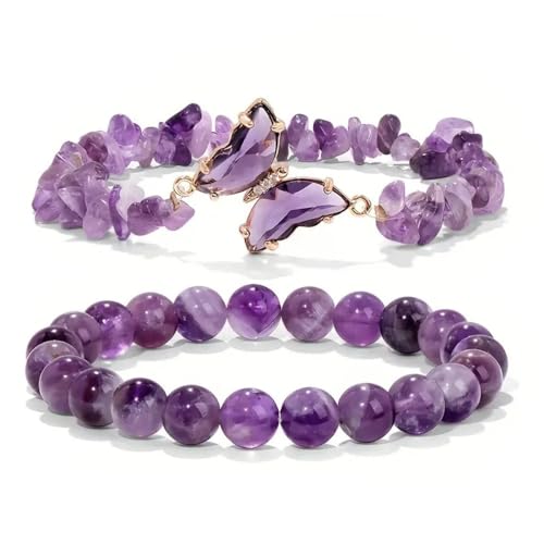 AIFUYUDM 2 Stück Heilstein Armband Damen, Schmetterling Amethyst Armband Freundschaftsarmbänder aus Echten Naturstein Perlen Edelstein Perlenarmband, Geschenk für Frauen von AIFUYUDM