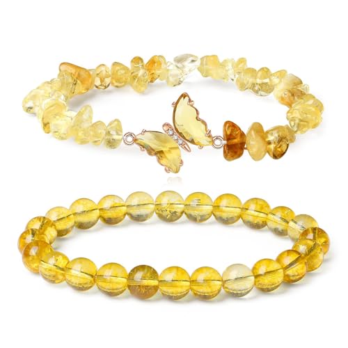 AIFUYUDM 2 Stück Heilstein Armband Damen, Schmetterling Citrin Armband Freundschaftsarmbänder aus Echten Naturstein Perlen Edelstein Perlenarmband, Geschenk für Frauen von AIFUYUDM