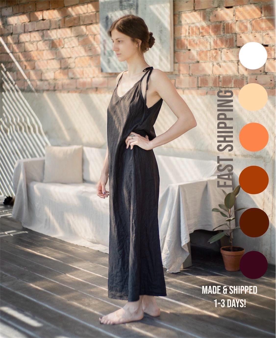 Leinen Trägerkleid, Langes Nachthemd, Krawatten Träger Kleid, Alma Leinenwäsche, Damen Nachtwäsche, Schnelle Lieferung von AIGALinenwear