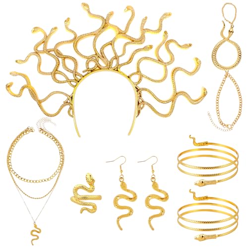 AIGOHOM 8-teilig Medusa Kostüm Schmuck-Set Goldene Schlangen-Haarreif mit Armband, Halskette und Ohrringe, Griechische Göttin Accessoires Halloween, Karneval & Cosplay Accessoires für Damen AIGOHOM 8-teilig Medusa Kostüm Schmuck-Set Goldene Schlangen-Haarreif mit Armband, Halskette und Ohrringe, Griechische Göttin Accessoires Halloween, Karneval & Cosplay Accessoires für Damen von AIGOHOM
