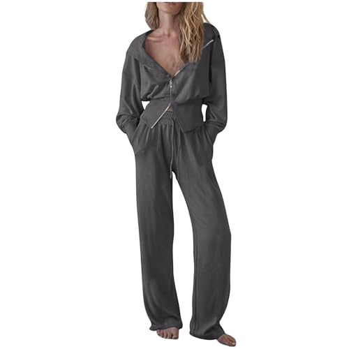 AIGOUT Damen-Flughafen-Outfit mit durchgehendem Reißverschluss, Kapuzen-Sweatshirt und Hose mit weitem Bein, Hose mit Kordelzug, Übergröße, zweiteiliges Outfit, komplettes Set, Trainingsanzug-Set, von AIGOUT