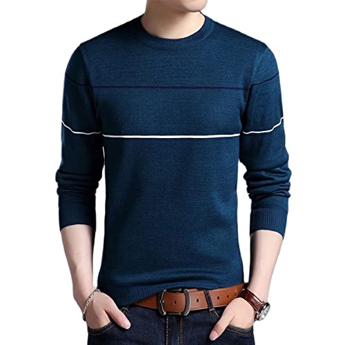Herbst Herren Strickpullover T-Shirt Bequemer O-Ausschnitt Langarm Pullover Streifen Patchwork Pullover Lässiges Unterhemd for den Winter(Blue1,L) von AIHERQG