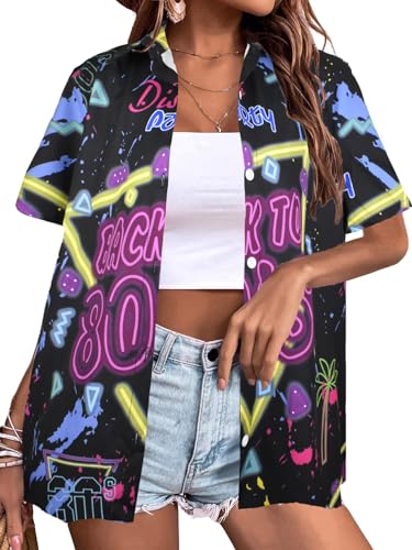 80er 90er Jahre Outfits Shirt Damen Retro Disco Party Button Up T-Shirt Hawaii Strand Kurzarm Bluse Top, 80er Jahre Schwarz, X-Groß von AIIWEIS