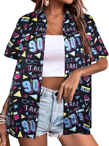 80er 90er Jahre Outfits Shirt Damen Retro Disco Party Button Up T-Shirt Hawaii Strand Kurzarm Bluse Top, 90er Jahre Schwarz, X-Groß von AIIWEIS