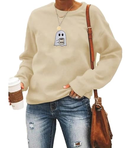 AIIWEIS Halloween Geist Kaffee Sweatshirt Frauen Bestickt Gruselig Langarm Shirt Crewneck Halloween Pullover Top, aprikose, L von AIIWEIS