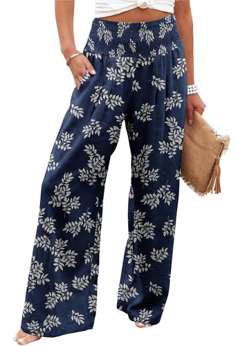AIIYYQB Palazzo-Hose für Damen, hohe Taille, weites Bein, lässig, Lounge, Boho, fließende Hose mit Taschen, 51-blau Weiße Blätter, XX-Large von AIIYYQB