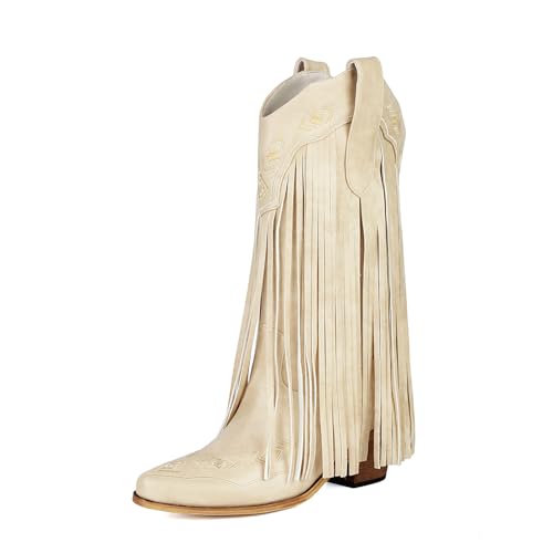AIJIVOU Bestickte Cowboystiefel mit Fransen für Damen, zum Überziehen, mittelhohe Wade, klobiger Blockabsatz, spitzer Zehenbereich, Western-Cowgirl-Stiefel, Reitstiefel, Retro-Stiefel, Beige, 39.5 EU AIJIVOU Bestickte Cowboystiefel mit Fransen für Damen, zum Überziehen, mittelhohe Wade, klobiger Blockabsatz, spitzer Zehenbereich, Western-Cowgirl-Stiefel, Reitstiefel, Retro-Stiefel, Beige, 39.5 EU von AIJIVOU