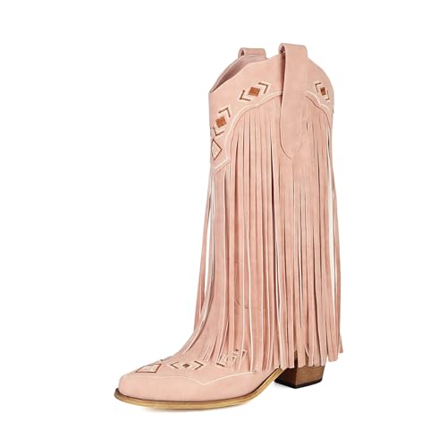 AIJIVOU Bestickte Cowboystiefel mit Fransen für Damen, zum Überziehen, mittelhohe Wade, klobiger Blockabsatz, spitzer Zehenbereich, Western-Cowgirl-Stiefel, Reitstiefel, Retro-Stiefel, Pink, 39 EU von AIJIVOU
