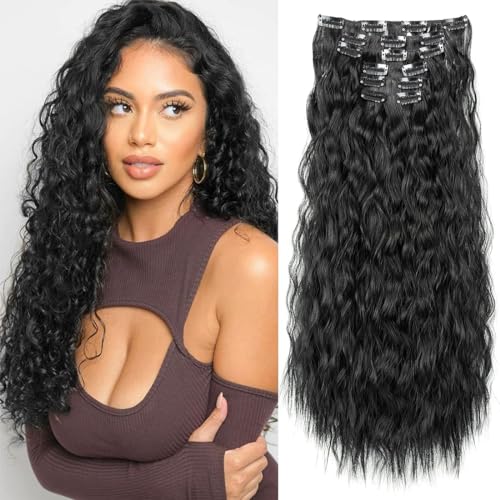 aikaa Clip in Extensions, 6PCS 60 cm Haarverlängerungen mit Clips Synthetik Gewellte Haarextension Wavy Haar, Haarteil für Frauen (#1B-Black) von aikaa