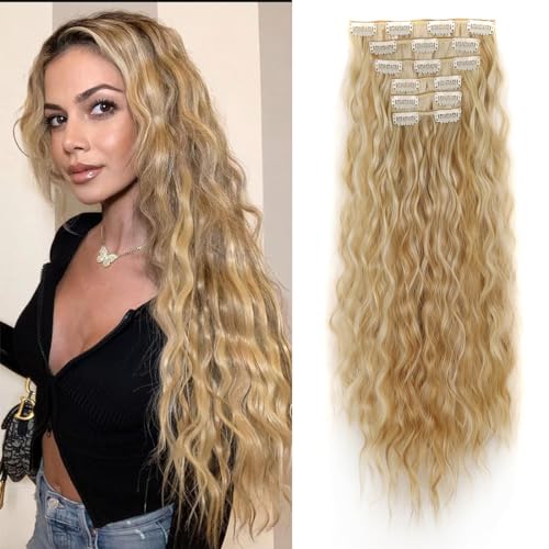 aikaa Clip in Extensions, 6PCS 60 cm Haarverlängerungen mit Clips Synthetik Gewellte Haarextension Wavy Haar, Haarteil für Frauen (#27H613-Dark Blonde with Light Golden) von AIKAA