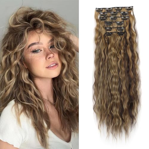 aikaa Clip in Extensions, 6PCS 60 cm Haarverlängerungen mit Clips Synthetik Gewellte Haarextension Wavy Haar, Haarteil für Frauen (#4H27-Chocolate Brown Highlighted Caramel Blonde) von aikaa